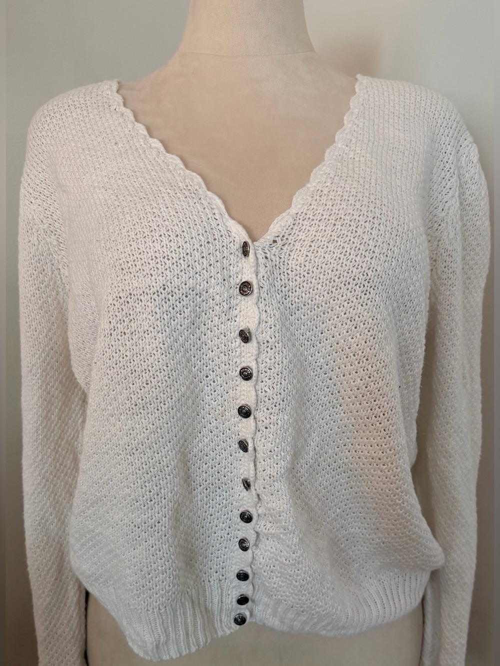 Venezia 16/18 White Ramie Cotton Cardigan Cottagecore Scalloped Vintage Victoria